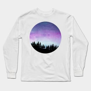 Purple and Blue Galaxy Sky - Watercolour Landscape with Tree Silhouette Long Sleeve T-Shirt